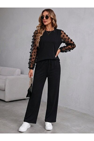 modi Women's Long Sleeve Crew Neck Tulle Viscose Two-Thread Blouse and Trouse...