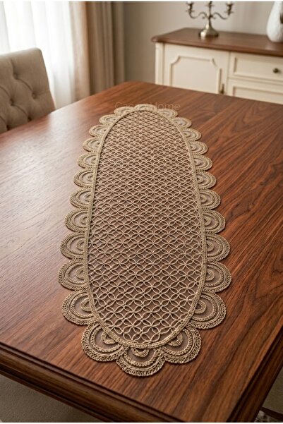 cacao home Fransız Dantelli Örme Tabanlı Tek Runner Masa Örtüsü 35x110 Cm Mas...