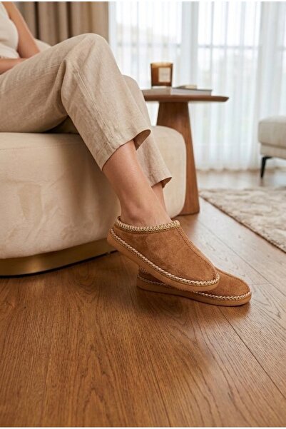 Moda Devrin Taba Unisex Kalın Taban İçi Kürklü Peluş Ev Terliği / Zikzak Dikişli Konforlu Kışlık Ev Ayakkabısı (Yıkanabilir)