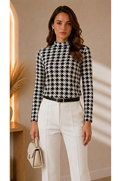peralist Women's Ecru Black Houndstooth Patterned High Neck Long Sleeve Visco...
