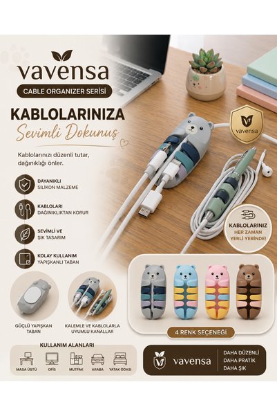 VAVENSA Ayıcık Silikon Kablo Düzenleyici Yapışkanlı Masaüstü Kablo Tutucu Organizer 2 adet