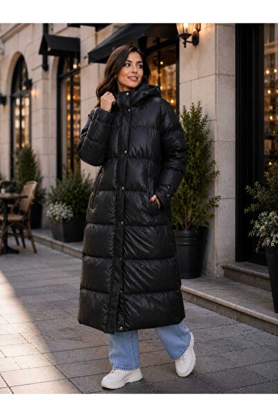GİYİYORUM Women's Hooded Long Puffy Coat Black Waterproof Winter Coat