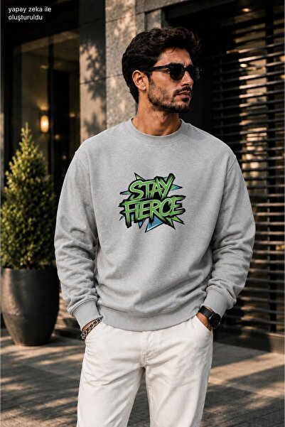 caddekombin Men's Stay Fierce Graffiti Printed Cycling Round Neck Casual Swea...