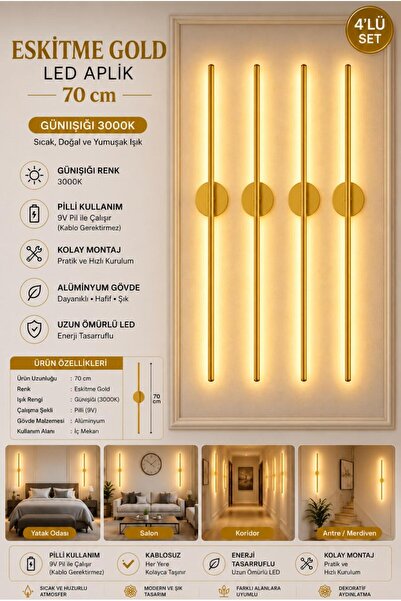 Betül Home Design Eskitme Gold Gün Işığı 70 cm Led Duvar Aplik 4 Adet Tekli |...