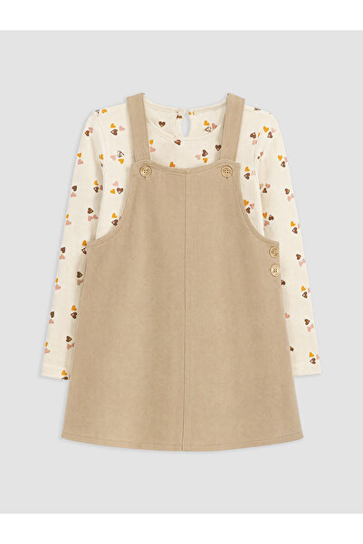 LC Waikiki Beige Heart Patterned Girl's Salopet Set