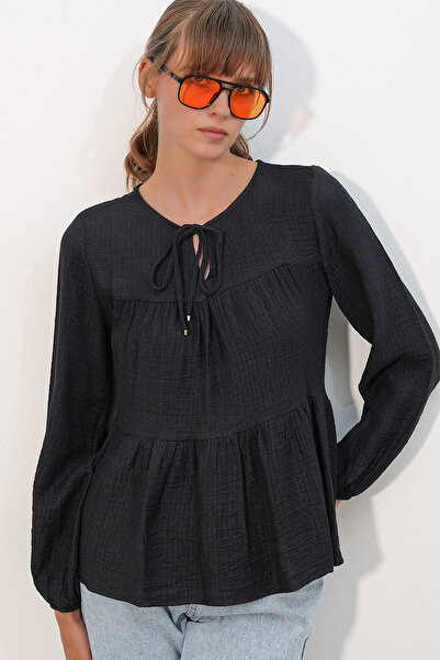 Merterium Women's Long Sleeve Textured Blouse 1588 - Black