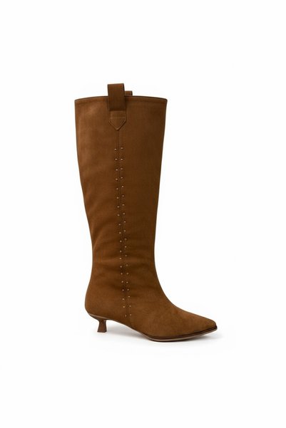 SHOEBELLAS Cily Taba Süet Gold Pim Detaylı Kadın Topuklu Çizme