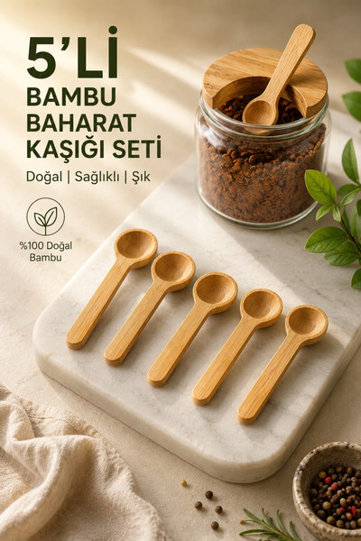 House Bird 5'li Bambu Baharat Kaşığı Seti Doğal Ahşap Yuvarlak Mini Ölçü Kaşı...