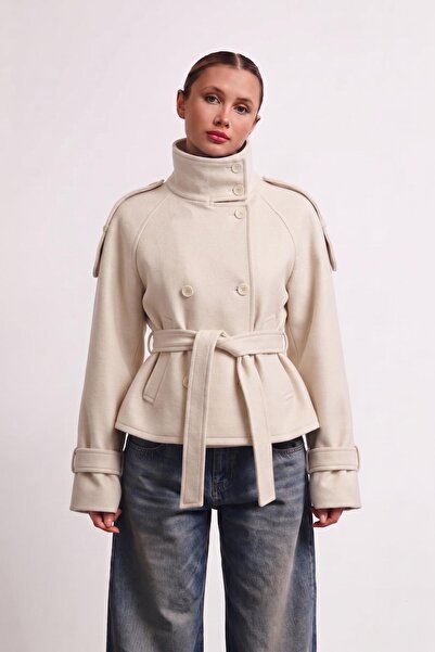 Jaglion Zr Women's Stand Collar Belted Short Lined Ecru Cashmere Coat