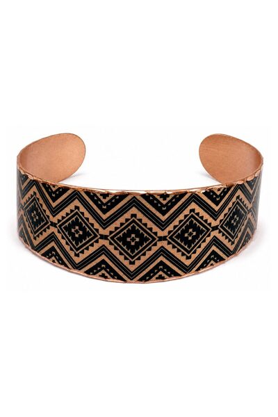 Erol Bakır Green and White Motif Wide Form Thick Copper Bracelet, Hand-Embroi...