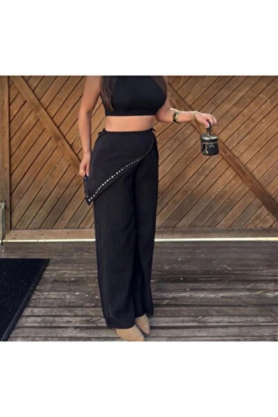 Beli Taşlı Fularlı Siyah Pantalon