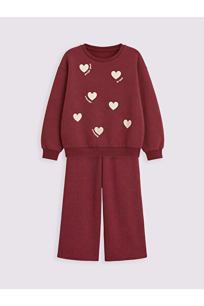 LC Waikiki Burgundy Heart Printed Girls' Set