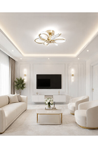 Fer Avize Defne Gold Kaplama Modern Tasarım Enerji Tasarruflu Kristal Görünümlü 6'lı Led Avize (BEYAZ IŞIK) Salon Giyinme Odası Mutfak Yatak Odası