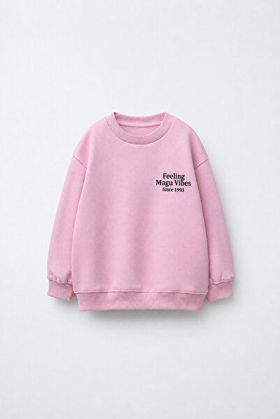 Magu Girl's Cotton Minimal Text Printed Pink Sweatshirt
