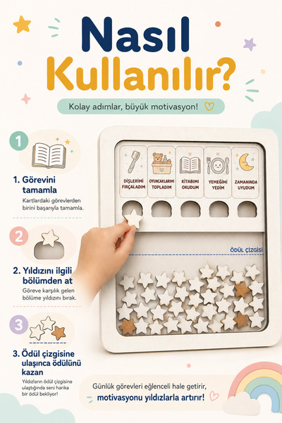 MODAT Ahşap Çocuk Günlük Rutin Panosu – Yıldızlı Ödül ve Sorumluluk Tablosu – Alışkanlık Kazandıran Eğitici Oyuncak