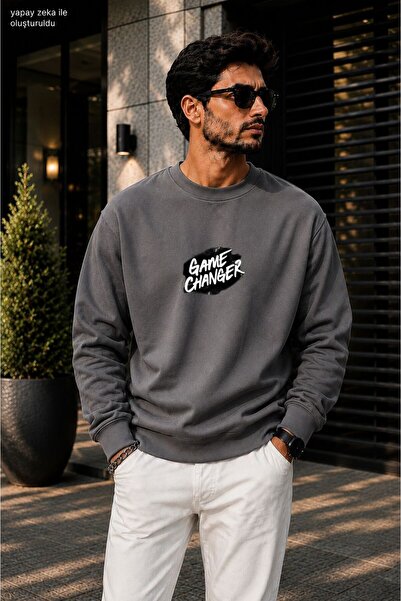 caddekombin سويت شيرت كاجوال للرجال من Street Style Game Changer مطبوع عليه ط...