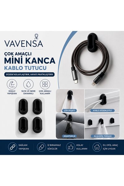 VAVENSA Yapışkanlı Çok Amaçlı Mini Kanca Kablo Tutucu Düzenleyici Anahtarlık Askısı Siyah 10 adet
