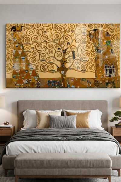 Gustav Klimt Tree of Life Cam Tablo – Hayat Ağacı Altın Tonlu Klasik Sanat Dekoratif Duvar Tablosu