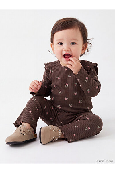 LC Waikiki LCW baby Kahverengi Çiçek Baskılı Kız Bebek Takım