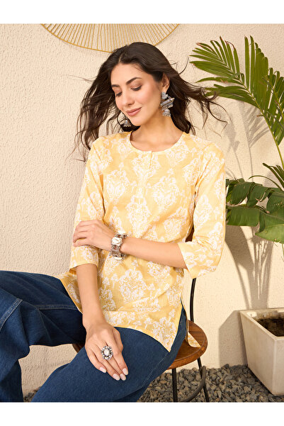 AHIKA By Styli Yellow Ethnic Motifs Cotton Blend Regular Top