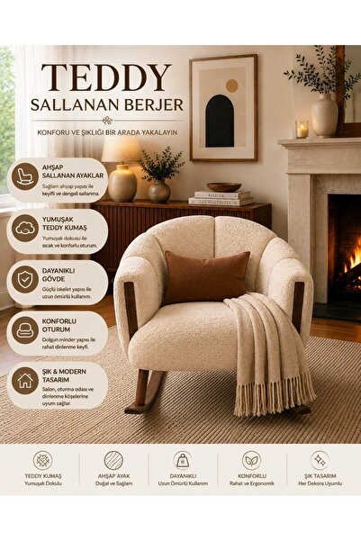 DEKOZUM ALESSA Berjer Ahşap Ayaklı Sallanan Koltuk Salon Balkon Koltuk Teddy ...