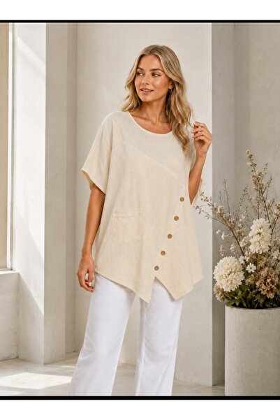 MARWARİ OTANTİK BUTİK Button Detailed Pocketed Cotton Oversize Women's Linen ...
