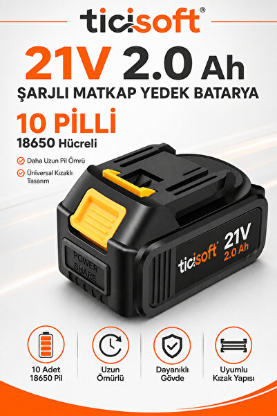 Ticisoft 21V 2.0Ah Şarjlı Matkap Yedek Batarya 10 Adet 18650 Hücreli Üniversa...