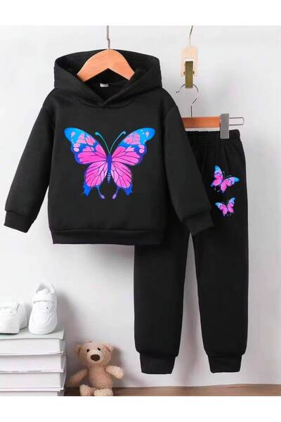 MORNİNG KİDS Kız Çocuk Siyah Kapşonlu Mavi Pembe Kelebek Baskılı Sweatshirt- Siyah Eşofman Takım