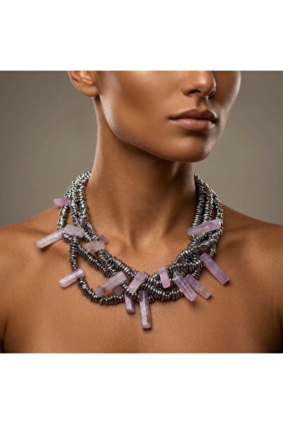 THEIA GemWorks Lavin - Lavender Kuvars ve Hematit El Yapımı Kolye