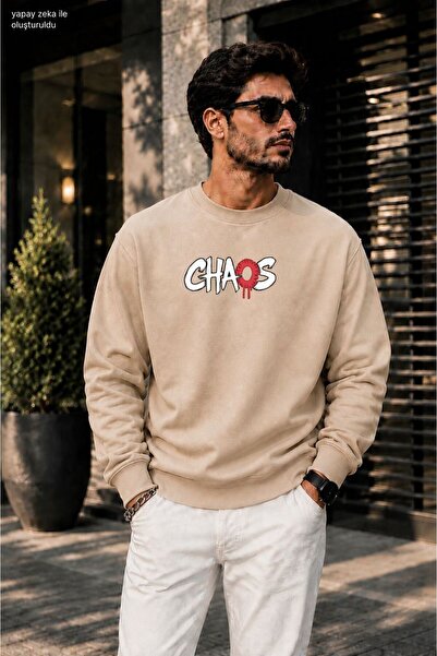 caddekombin Men's Chaos Slogan Printed Cycling Round Neck Casual Sweatshirt