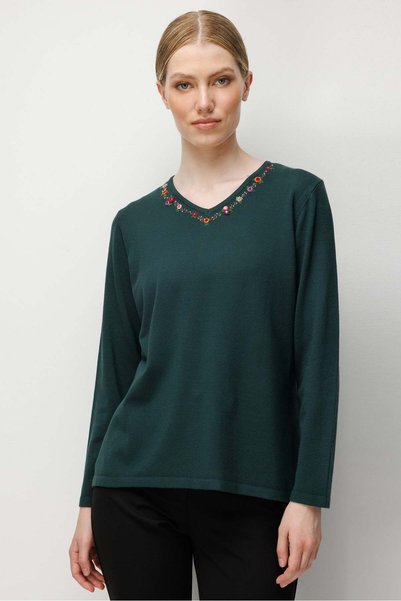 Desen Triko Women's V-Neck Collar Embroidered Blouse Green