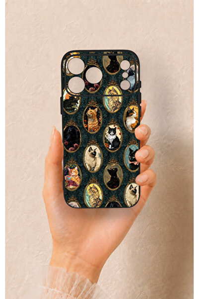 Vip Case iPhone 17 Pro Max Uyumlu Vintage Kedi Portreleri Desenli Silikon Kılıf