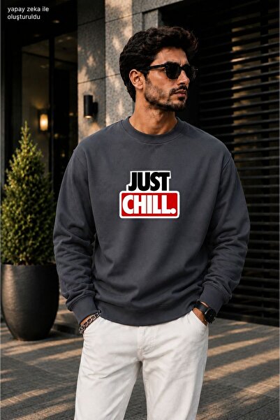 caddekombin سويت شيرت كاجوال برقبة دائرية مطبوع عليه شعار Just Chill للرجال