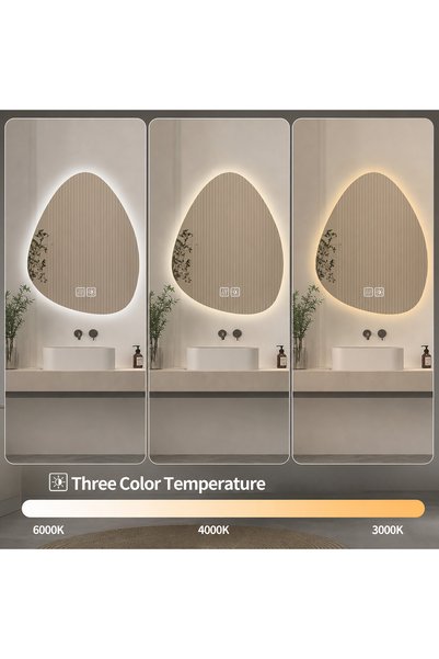 GENERAL Oglindă Baie LED, Formă Organica Picătură, 70x50cm, Funcție Dezaburire Smart, Control Tactil, Lumină Reglabilă Stepless (3 Culori + Dimmer), Sticlă Securizată HD
