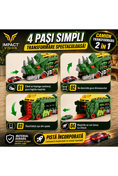 Impact Vision Set Multifunctional Dinozaur 2 in 1, Camion de Transport si Rampa de Lansare cu 2 Masinute, Verde Portocaliu, Impact Vision®️