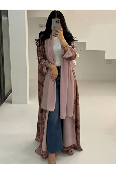 Take Two By Styli Red Printed Open Abaya with Tie Sleeves