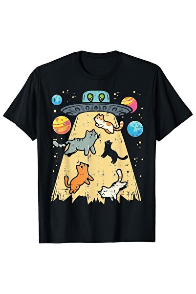 MSEF تي شيرت مطبوع عليه Alien UFO Galaxy Cat، 100% قطن، ياقة دائرية للجنسين، ...