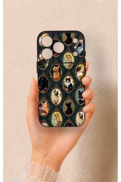 Vip Case iPhone 17 Pro Compatible Vintage Cat Portraits Patterned Silicone Case