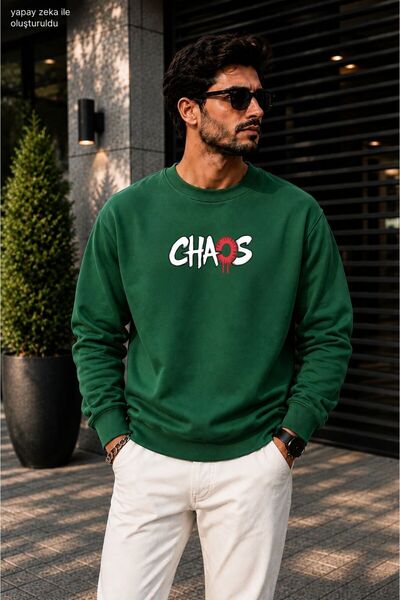 caddekombin Men's Chaos Slogan Printed Cycling Round Neck Casual Sweatshirt