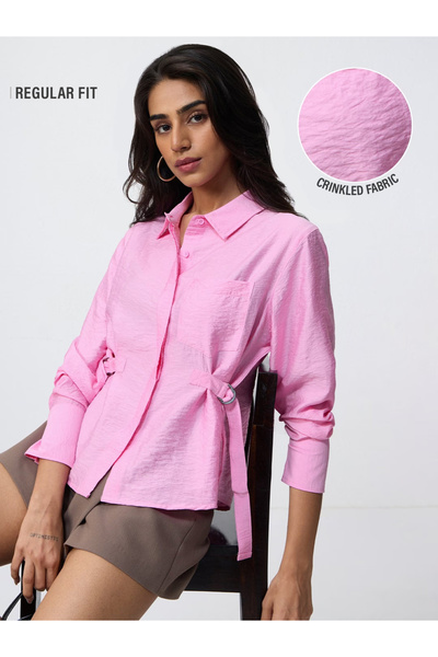 The Souled Store By Styli قميص وردي مجعد بأكمام طويلة وقصة عادية