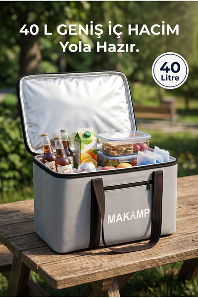 MAKAMP 40 L Termal Kamp ve Piknik Yemek Taşıma Çantası Soğutucu Buzluk Çanta Gri