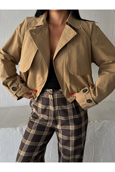 NOTHING Women's Premium Double-Breasted Collar Button Detailed Short Trench C...