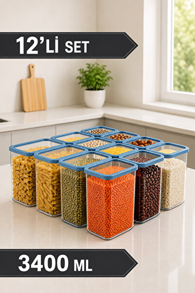 12'li Buzluk Uyumlu Kuru Gıda Saklama Kabı Seti Baharat ve Erzak Düzenleyici 12x3400 ml