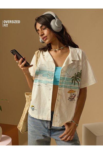 The Souled Store By Styli قميص أوف وايت بأكمام قصيرة بتصميم شاطئي