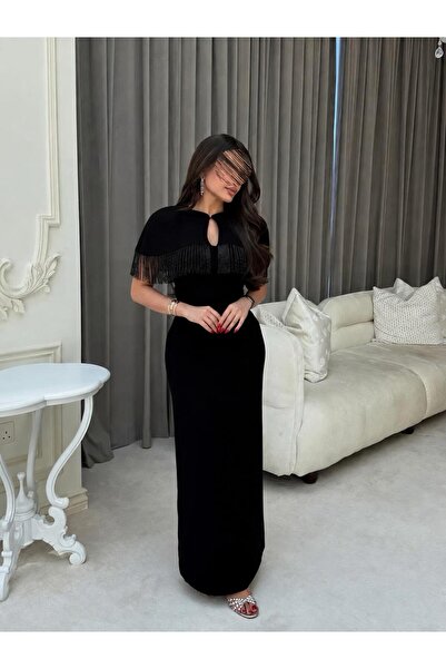 Bamah فستان سهرة اسود ساتر انيق بتفاصيل الهدب بالاكمام