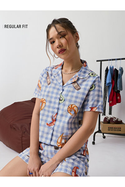 The Souled Store By Styli قميص أزرق منقوش بطبعة جمبري بأكمام قصيرة