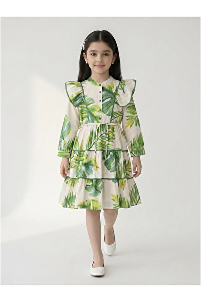 Bella Moda By Styli Girls Geometric Print Cotton Tiered Dress with Puff Sleeves