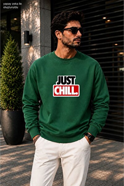 caddekombin Men's Just Chill Slogan Printed Cycling Round Neck Casual Sweatshirt