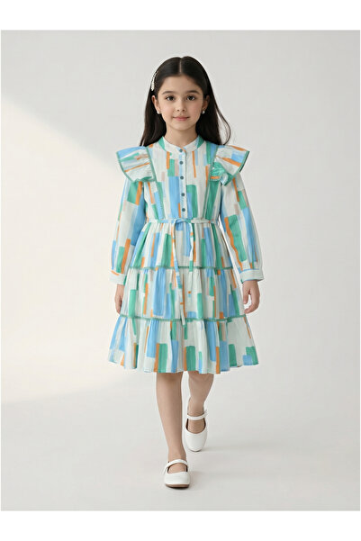 Bella Moda By Styli Girls Geometric Print Cotton Tiered Dress with Puff Sleeves