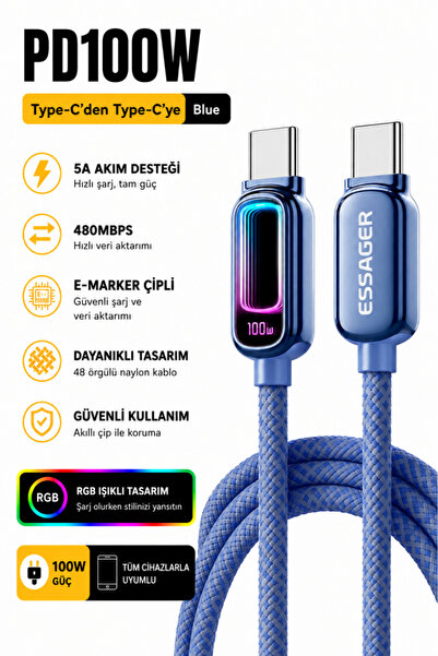 essager 1 Metre 100W Type-C to Type-C PD Hızlı Şarj Kablosu 5A E-Marker RGB I...